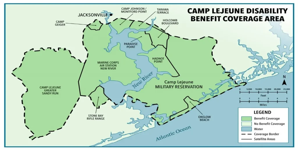 Map Highlighting the areas affected by the Camp Lejeune water contamination